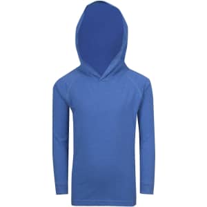 A blue kids' hoodie with a kangaroo pouch and long sleeves. The hoodie features a simple design and a hood.