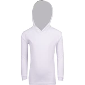 A white long-sleeve hoodie with a v-neck and a large hood, featuring a logo.