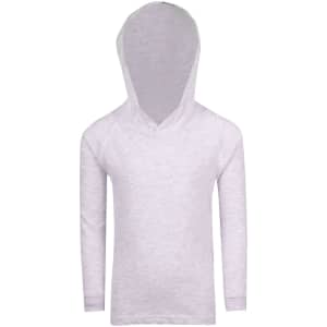 A light grey hoodie with a v-neck and long sleeves, featuring a large hood. Includes branding.