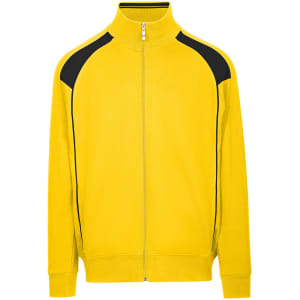 A men's unbrushed contrast jacket in yellow with black detailing and a zip front, featuring a logo on the chest.