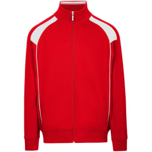 A red unbrushed contrast jacket with white detailing and a zip front, featuring a logo on the chest.