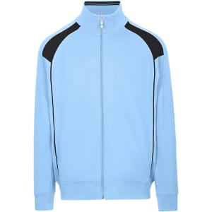 A light blue unbrushed contrast jacket with black accents and a zip-up front. Features a logo on the chest.