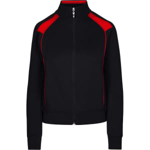A women's unbrushed contrast jacket in black with red accents, featuring a full zip and a stand collar.