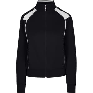 A black jacket with contrast white detailing, featuring a high collar and zip closure. It has a logo on the front.