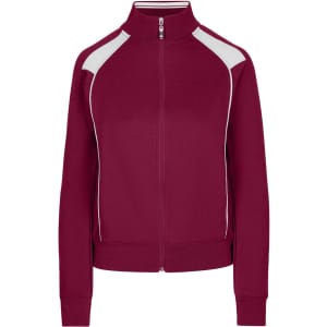 A maroon women's juniors unbrushed contrast jacket with white detailing and a zip front. Features a logo.