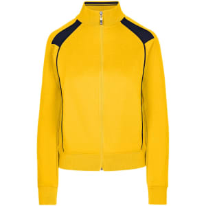 A women's unbrushed contrast jacket in bright yellow with black accents and a zip-up front. Features a logo.