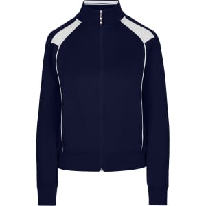A navy unbrushed contrast jacket with light-coloured detailing and a zip front. Features a logo.