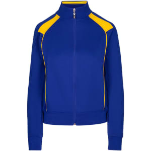 A blue and yellow unbrushed contrast jacket with a zip and a logo on the chest.