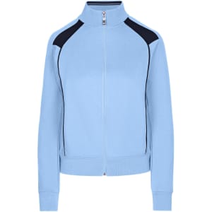 A women's unbrushed contrast jacket in light blue with navy accents and a zip front. Features a logo on the design.