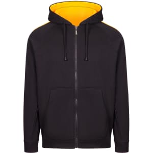 A black zip-up hoodie with a yellow interior and striped sleeves. Features a logo on the chest and two front pockets.