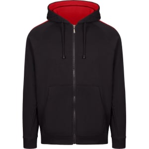 A black zip-up hoodie with red stripe sleeves and a red interior. Features a hood and front pockets.