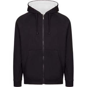 A black unbrushed stripe sleeve hoodie with a zip front, featuring a hood and front pockets. It has a logo.