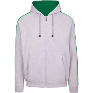 A grey hoodie with green stripe sleeves and a front zipper, featuring a hood and side pockets.