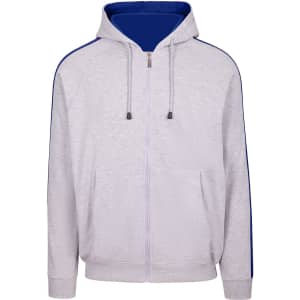 A grey hoodie with a blue stripe along the sleeves, featuring a zip front and hood. Includes a logo.
