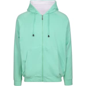 A mint green men's hoodie with stripe sleeves, featuring a zip front and kangaroo pockets. It has a logo on the front.