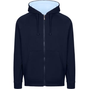 A navy blue hoodie with an unbrushed finish and contrasting light blue inner lining. Features a zipper and front pockets.