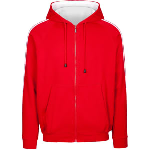 A red unbrushed hoodie featuring white stripe sleeves, a front zip, and a hood. Includes a logo on the chest.