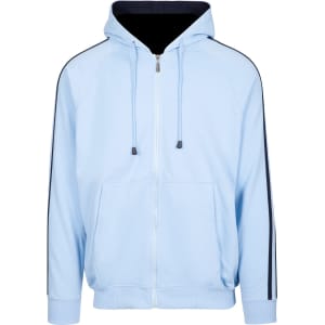 Light blue hoodie featuring black stripe detailing along the sleeves and a front zip. It has a pouch pocket and a hood.
