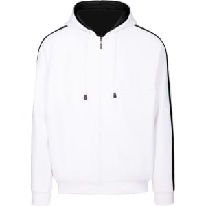 A white hoodie featuring black stripe sleeves and a hood, with a zipper and front pockets. It has a logo.