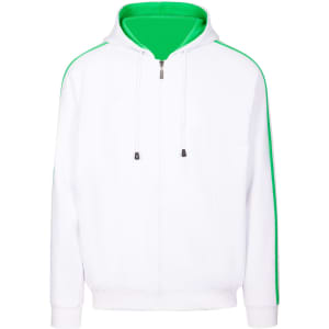 A white hoodie with green stripe sleeves and a green inner lining, featuring a zipper and a logo.