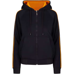 A black hoodie with orange stripe sleeves and a contrasting orange inner hood, featuring a zip and front pockets.