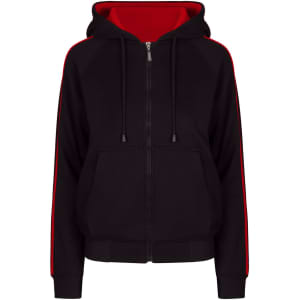 A black hoodie with red stripe sleeves and a red interior, featuring a full zip and front pockets.