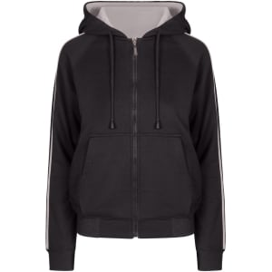 A black women's junior hoodie with stripe sleeves, featuring a zip closure and front pockets. It has a logo.