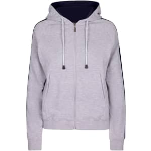 A grey zip-up hoodie featuring navy stripe sleeves, with a front pocket and drawstring hood.