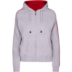 A grey hoodie with red stripe sleeves, featuring a front zip and kangaroo pockets. It has a hood and a brand logo.