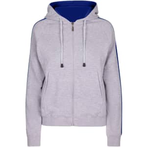 A grey hoodie with blue stripe sleeves and a zip front, featuring a hood and front pockets.