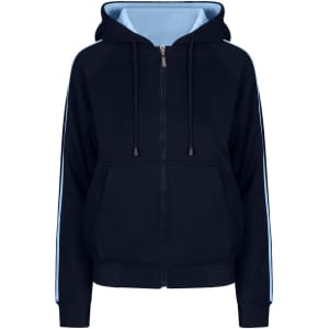 A navy hoodie with light blue stripe sleeves and a front zip, featuring a hood and front pockets.
