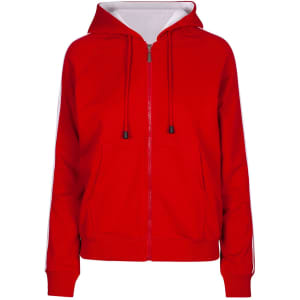 A red hoodie with stripe sleeves, featuring a zip front and two front pockets. It has a hood and a branding logo.