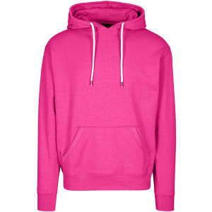 A bright pink hoodie with a front pocket and drawstring hood, featuring a logo on the design.
