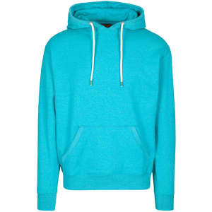 A turquoise hoodie with a front pocket and drawstrings, featuring a logo on the chest.