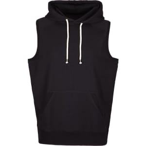 A sleeveless black hoodie featuring a front pouch pocket and a hood. It has a subtle branded logo.