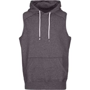 A sleeveless hoodie in heather grey with a front pocket and a drawstring hood. It features a logo on the front.