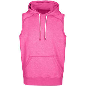 A pink sleeveless hoodie with a front pocket and a hood, featuring a logo. Part of the Greatness Range.