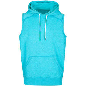 A sleeveless hoodie in bright teal, featuring a hood and front pocket, with a logo on it.
