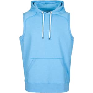 A men's sleeveless hoodie in light blue with a front pocket and a hood. It features a logo on the front.