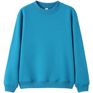 A bright turquoise crew neck jumper with long sleeves and a relaxed fit. It features a branding logo.