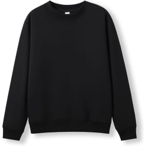 A black sweater featuring a crew neck design and long sleeves, suitable for kids. It has a logo on the front.