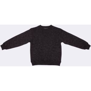 A dark grey crew neck jumper with long sleeves and a ribbed hem. It features a logo on the front.