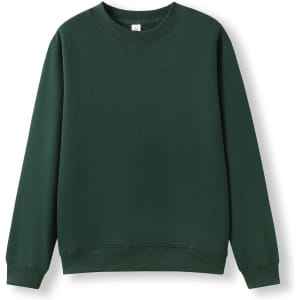 A green crew neck jumper featuring long sleeves and ribbed cuffs, with a logo on the inside label.