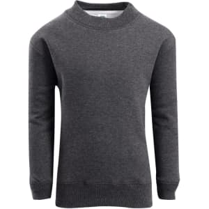 A grey crew neck jumper with long sleeves and ribbed cuffs. It features a plain design and has a brand logo.