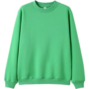 A green crew neck jumper with long sleeves and a ribbed collar. Features a logo on the front.