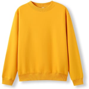 A yellow crew neck jumper, featuring long sleeves and a relaxed fit. The garment has a branding logo on it.