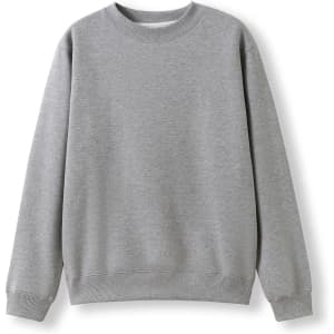 A grey crew neck jumper with long sleeves. It features a simple design and has a logo on it.