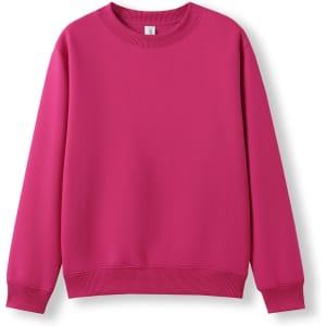 A bright pink crew neck jumper with long sleeves and ribbed cuffs and hem, featuring a logo.