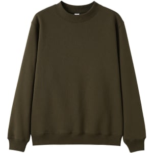 A green crew neck jumper in a relaxed style, featuring long sleeves and ribbed cuffs. The garment has a small logo.