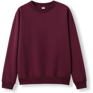 A maroon kids' crew neck jumper with long sleeves and a fitted hem. It features a logo on the front.